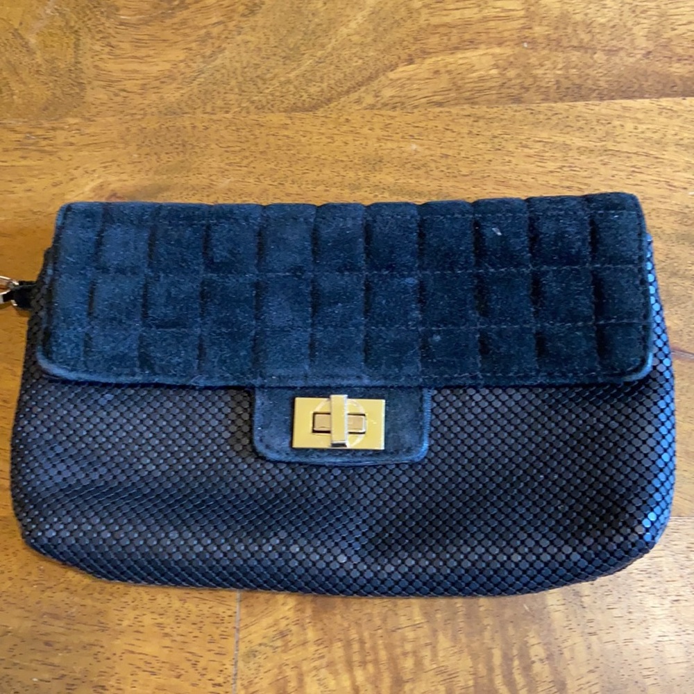 Whiting and Davis Black and gold mesh clutch